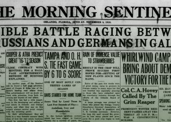 The front page and masthead of the The Morning Sentinel (Orlando, Fla.) on November 5, 1916 [Newspapers.com]