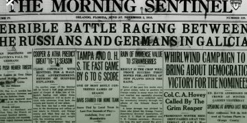 The front page and masthead of the The Morning Sentinel (Orlando, Fla.) on November 5, 1916 [Newspapers.com]