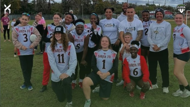 QB/S/ATH Brooke Zeller, Santa Fe (Alachua), No. 11 (left front) is one of five athletes up for vote this week for North Central Florida Girls Flag Football Player of the Week for Week 3. [Santa Fe Raiders Girls Flag Football - @sfhs_flagfb]