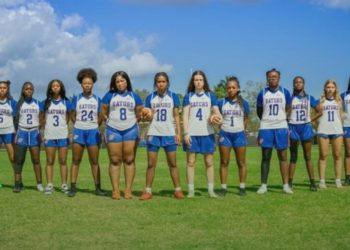 Palm Beach Gardens QB Myla Alligood is one of five South Florida athletes featured in the South Florida Girls Flag Football Player of the Week Poll for Week 3 [Palm Beach Gardens HS Girls Flag Football Team - @pbgwflagfb/Instagram]