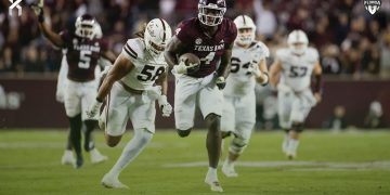 DE/Edge Shemar Stewart who played for Texas A&M and high school football at Monsignor Pace (Miami Gardens) is expected to be a first round pick in the 2025 NFL Draft. [Jonathan Taffet/Texas A&M Athletics]