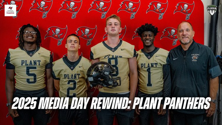 From left to right: Plant OL Anthony Cruz (53), WR Davie Rolle (2), LB/FB Zyrohn Canady (5), ATH Tripp Brown (3), and head coach Hank Brown at the 2025 Tampa Bay Buccaneers High School Football Media Day at One Buccaneer Place. (Photo: BigHitsLive)