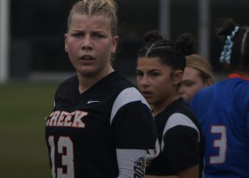 Spurce Creek's Nina Macy returned an INT for a touchdown in the No. 17 Hawk's bounce back win over Matanzas (Palm Coast) on Thursday night. [Joshua Wilson/FloridaHSFootball.com]
